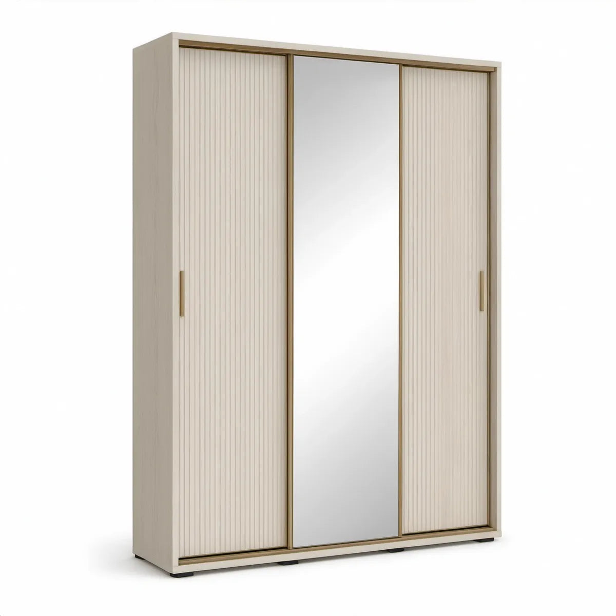 Roupeiro de 3 Portas de Correr com Espelho Central, Branco Creme e Dourado, 180 x 60 x 220 cm