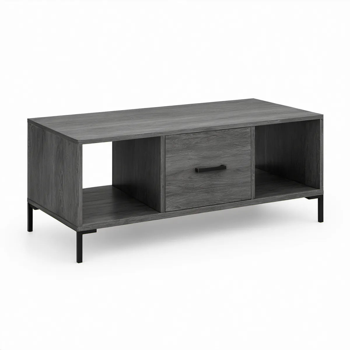 Mesa de Centro Retangular em MDF Cinzento Escuro e Preto com Gaveta e Nichos, 110 x 55 x 45 cm
