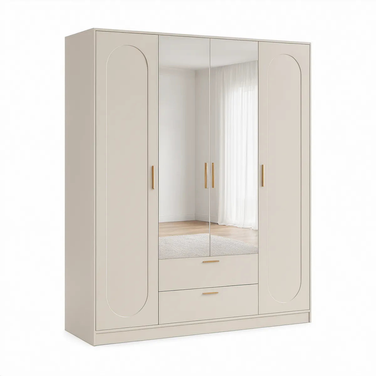 Roupeiro Bege com 4 Portas, 2 Espelhos e 2 Gavetas, 180 x 52 x 200 cm