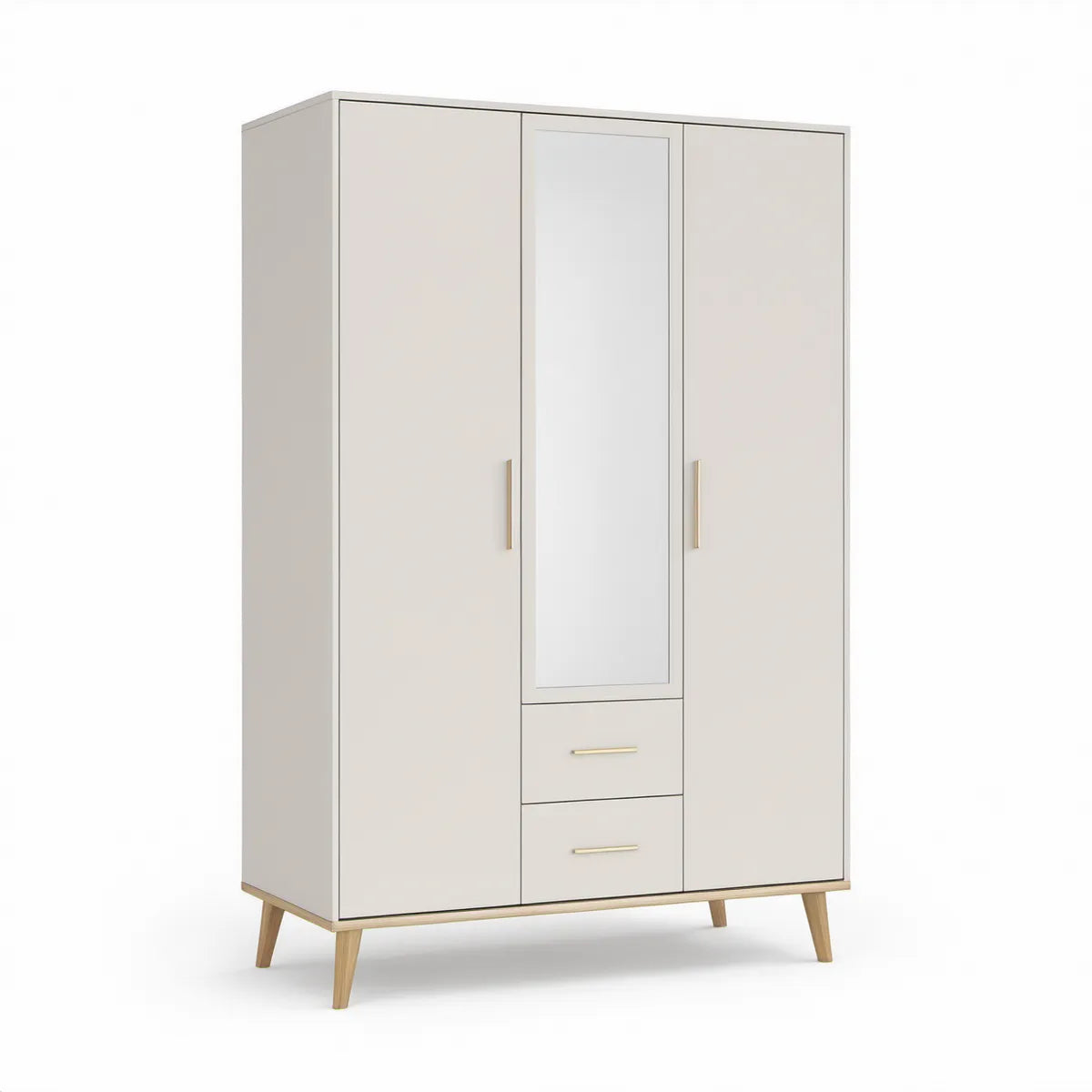 Roupeiro de 3 Portas com Espelho e 2 Gavetas em Branco e Madeira Natural, 120 x 52 x 190 cm