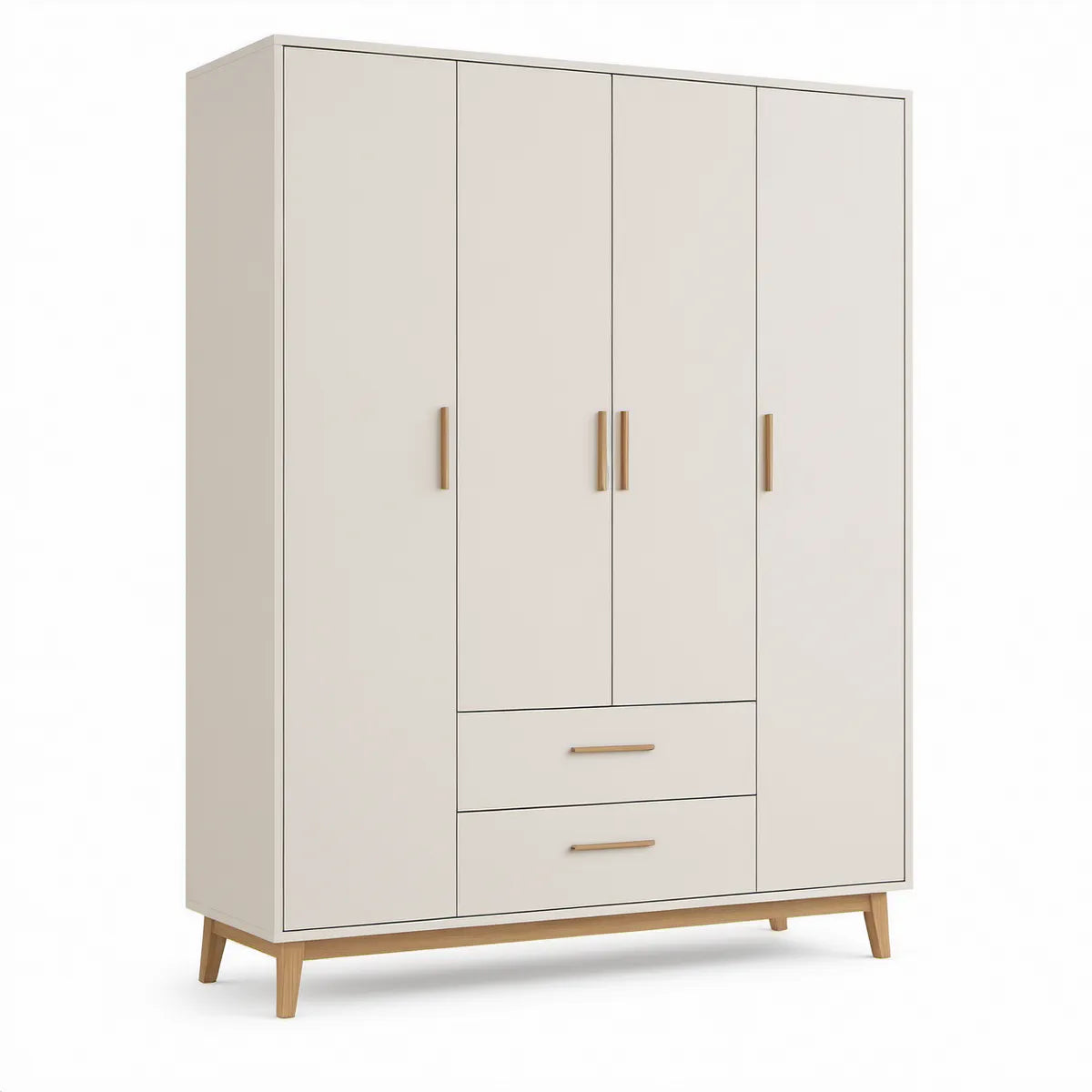 Roupeiro de 4 Portas e 2 Gavetas em MDF Branco e Madeira Natural, 160 x 52 x 200 cm