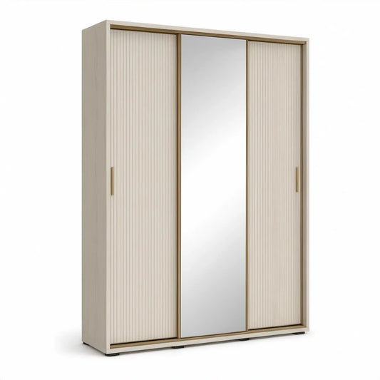 Roupeiro de 3 Portas de Correr com Espelho Central, Branco Creme e Dourado, 180 x 60 x 220 cm