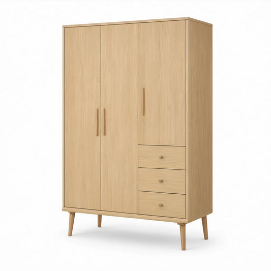 Roupeiro Escandinavo de 3 Portas e 3 Gavetas em Carvalho Natural, 120 x 55 x 200 cm