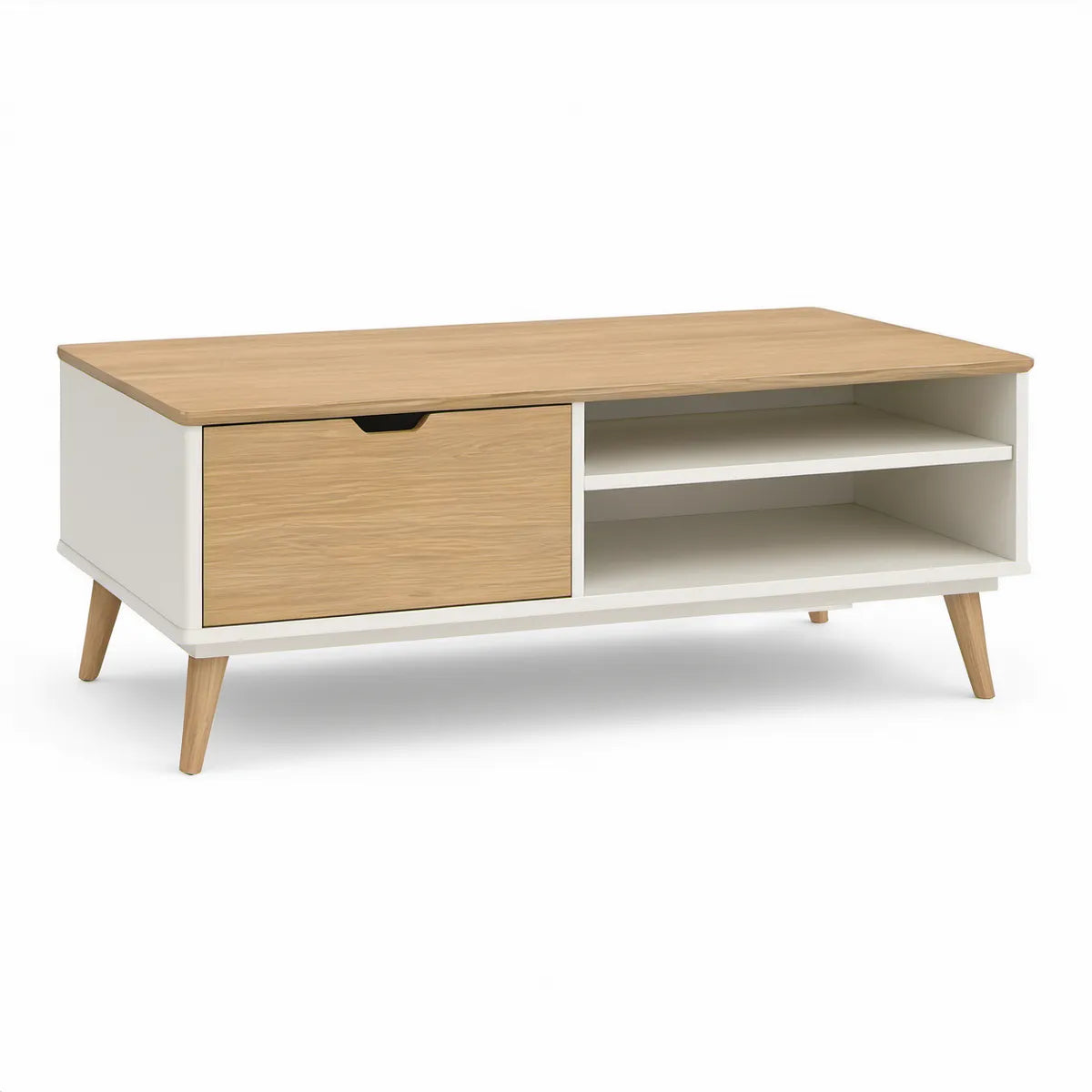Mesa de centro retangular 100 x 50 x 45 cm em MDF e aglomerado branco e carvalho natural com gaveta e prateleiras