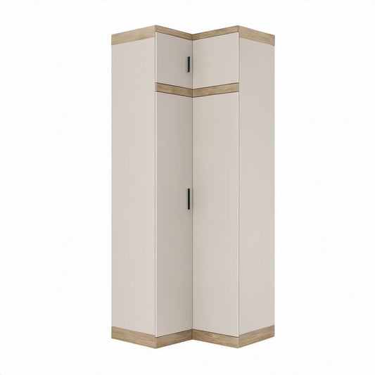 Roupeiro de Canto com 3 Portas em Bege e Carvalho, 95 x 95 x 200 cm