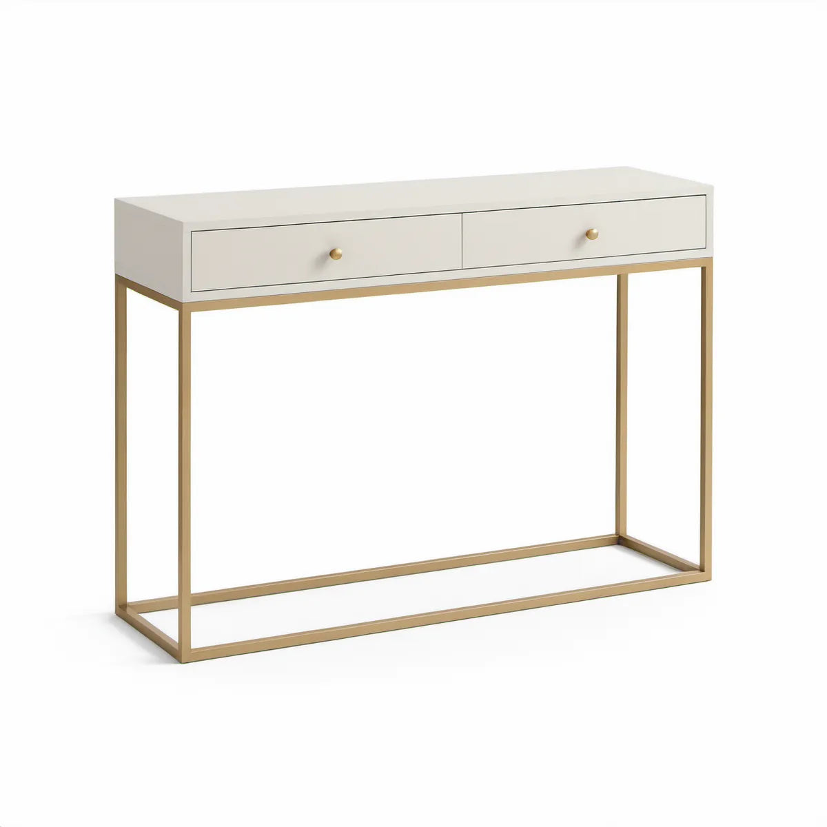 Consola retangular com 2 gavetas em MDF lacado branco e aço dourado, 120 x 35 x 80 cm
