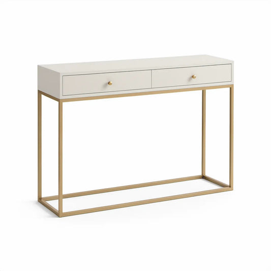 Consola retangular com 2 gavetas em MDF lacado branco e aço dourado, 120 x 35 x 80 cm