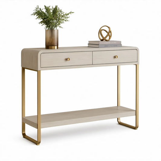 Consola retangular com 2 gavetas e prateleira inferior em MDF melamínico bege claro e aço dourado, 120 x 35 x 80 cm