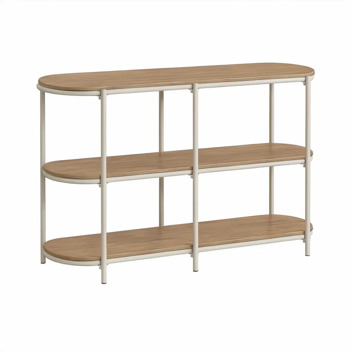 Consola de Entrada Oval com 3 Prateleiras em MDF Carvalho Claro e Aço Branco, 120 x 30 x 80 cm