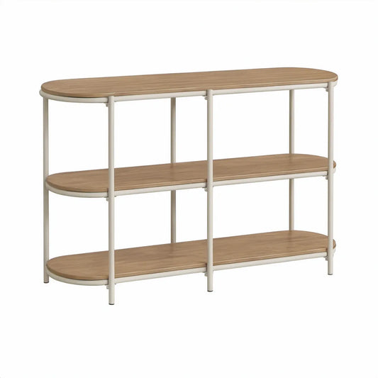 Consola de Entrada Oval com 3 Prateleiras em MDF Carvalho Claro e Aço Branco, 120 x 30 x 80 cm