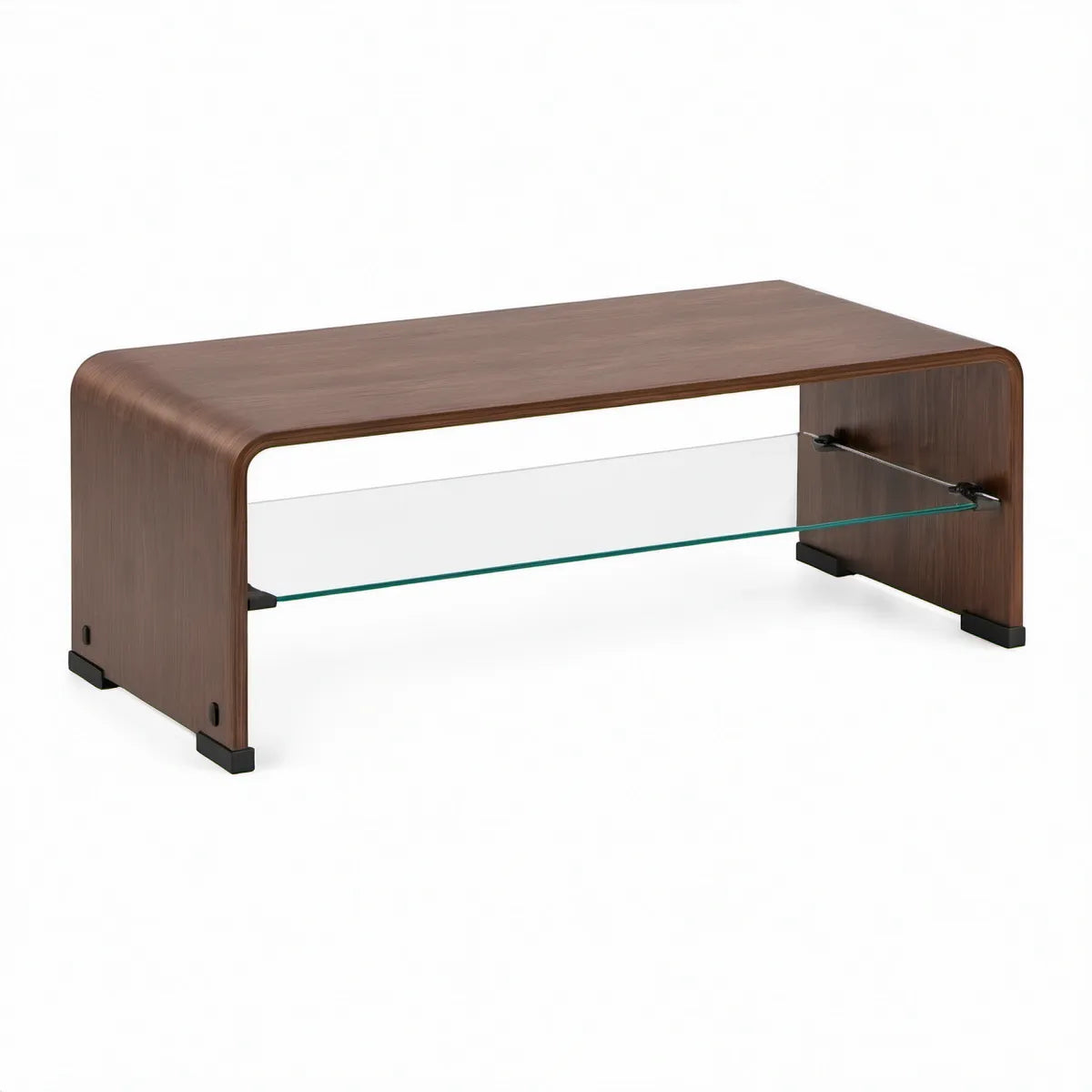 Mesa de centro retangular em MDF folheado a nogueira com prateleira de vidro, 110 x 55 x 42 cm, Castanho nogueira/Transparente/Preto