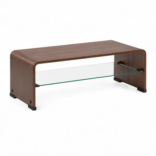 Mesa de centro retangular em MDF folheado a nogueira com prateleira de vidro, 110 x 55 x 42 cm, Castanho nogueira/Transparente/Preto