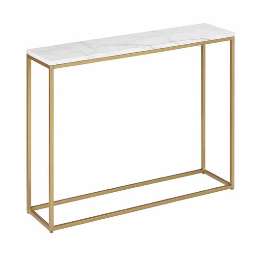 Consola retangular 120 x 35 x 80 cm com tampo efeito mármore branco e estrutura dourada