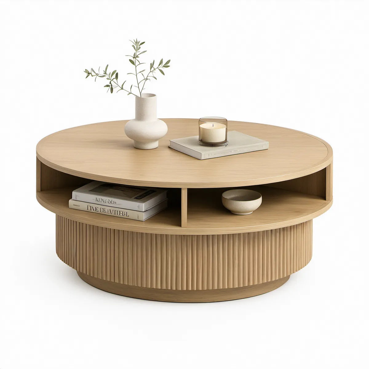 Mesa de Centro Redonda com Arrumação em MDF Folheado a Carvalho Natural, Ø 80 x 45 cm