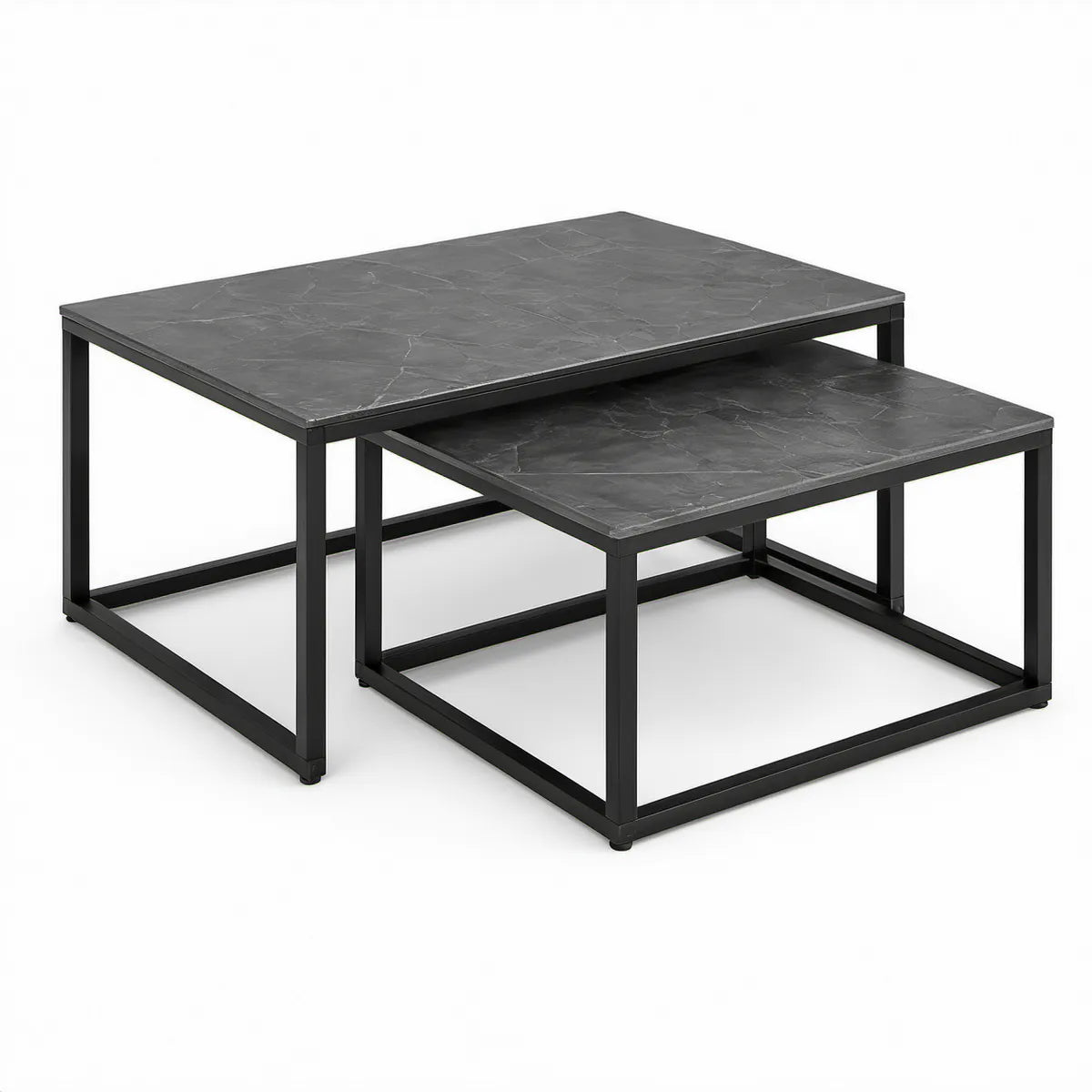 Conjunto de 2 Mesas de Centro Quadradas com Efeito Mármore Cinzento Escuro e Estrutura Preta, 80 x 80 x 45 cm e 70 x 70 x 35 cm