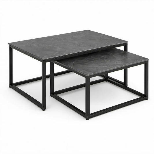 Conjunto de 2 Mesas de Centro Quadradas com Efeito Mármore Cinzento Escuro e Estrutura Preta, 80 x 80 x 45 cm e 70 x 70 x 35 cm