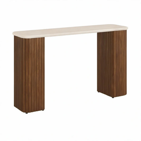 Consola retangular em MDF canelado Branco e Castanho-Nogueira 120 x 35 x 78 cm