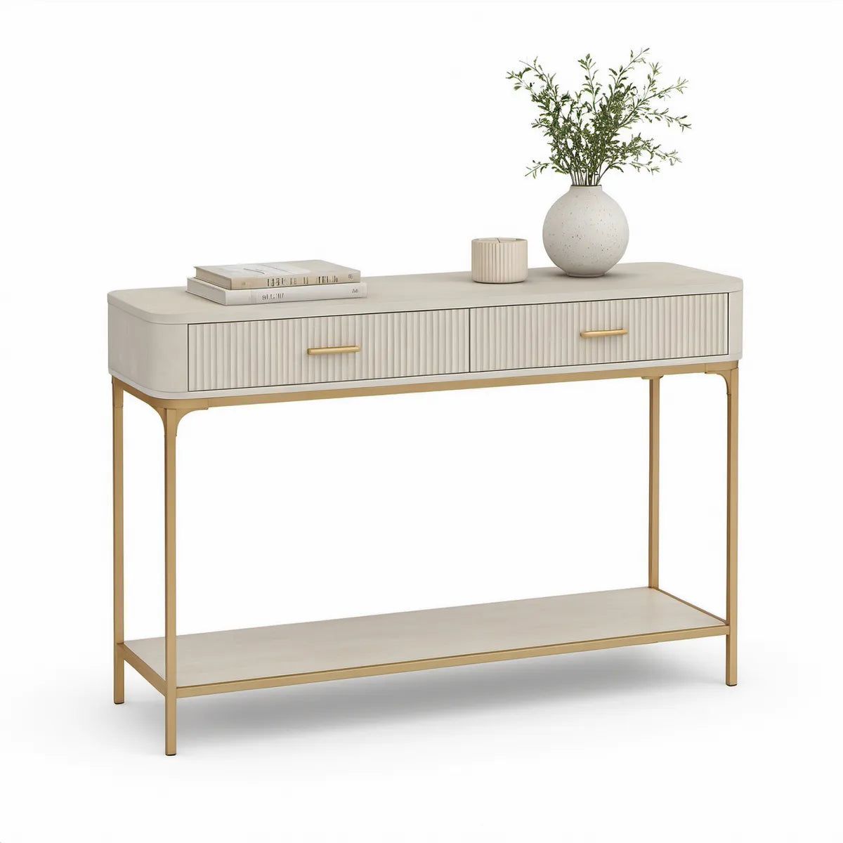 Consola Retangular com 2 Gavetas em MDF Lacado Creme e Aço Dourado, 120 x 35 x 80 cm