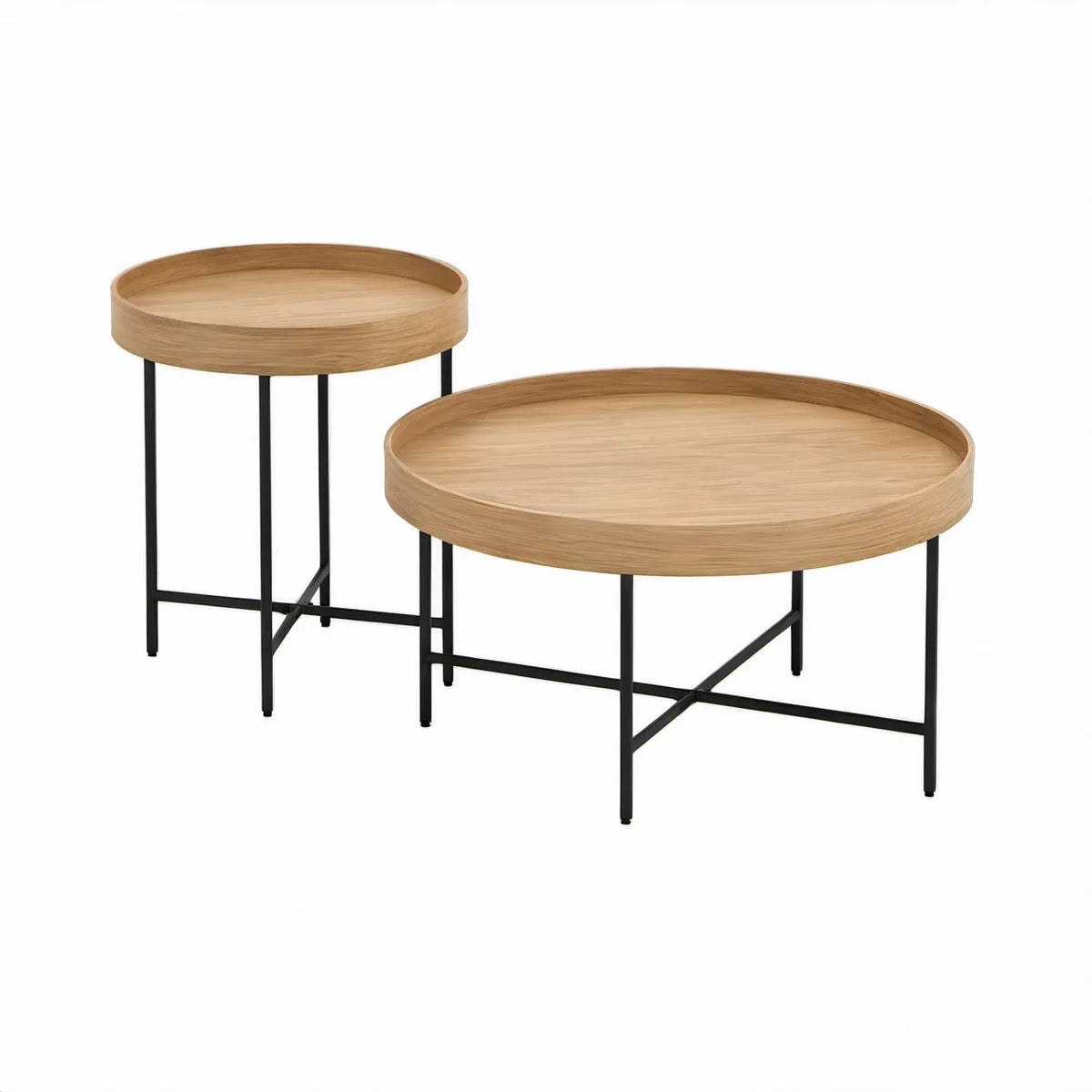 Conjunto de 2 Mesas Redondas em MDF Folheado a Carvalho e Aço Preto, Ø80 x 45 cm e Ø50 x 60 cm