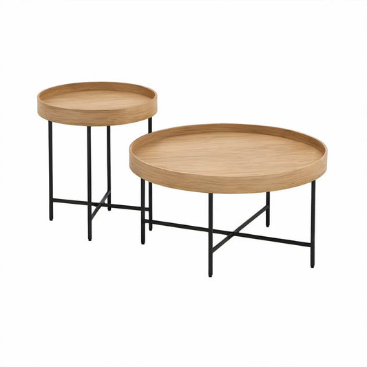 Conjunto de 2 Mesas Redondas em MDF Folheado a Carvalho e Aço Preto, Ø80 x 45 cm e Ø50 x 60 cm
