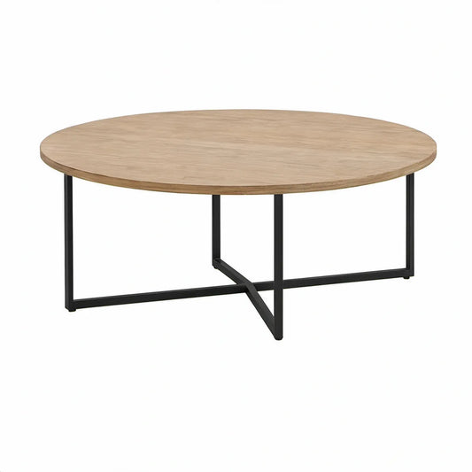 Mesa de Centro Redonda Ø100 x 45 cm em MDF com Revestimento Melamínico Carvalho e Estrutura em Aço Preto