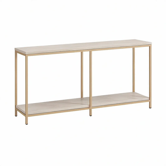 Consola Retangular com Prateleira em MDF Branco e Aço Dourado, 120 x 35 x 80 cm