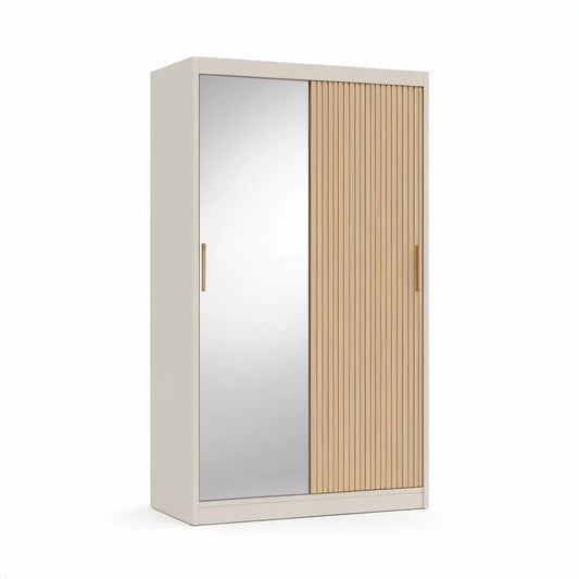 Roupeiro com 2 Portas de Correr, Espelho e Painel Canelado 120 x 60 x 200 cm Bege e Carvalho Natural
