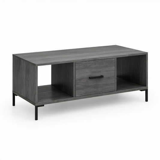 Mesa de Centro Retangular em MDF Cinzento Escuro e Preto com Gaveta e Nichos, 110 x 55 x 45 cm