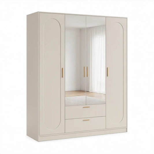 Roupeiro Bege com 4 Portas, 2 Espelhos e 2 Gavetas, 180 x 52 x 200 cm
