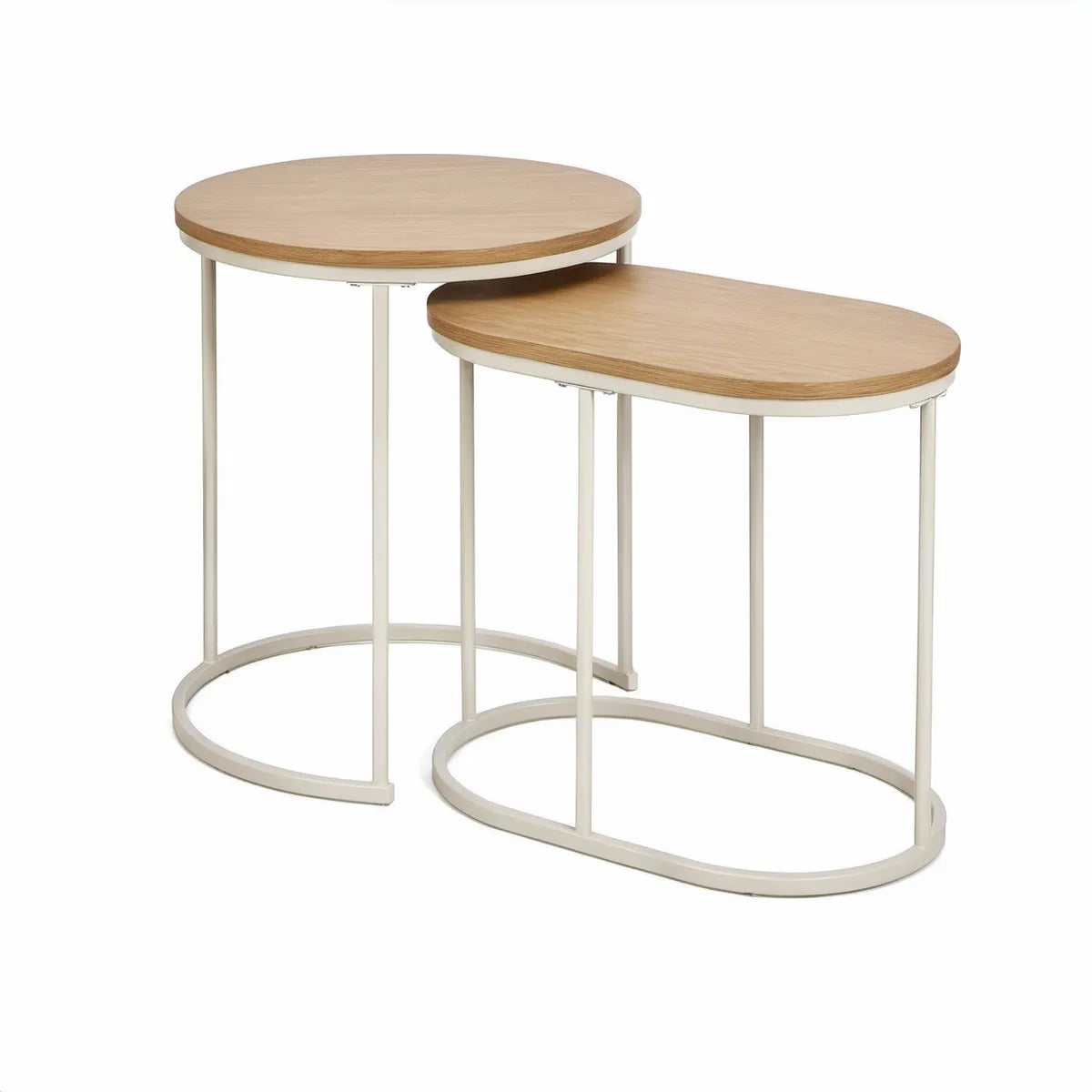 Conjunto de 2 Mesas Encaixáveis Redonda e Oval em MDF Efeito Carvalho Claro e Aço Branco, 60 x 60 x 60 cm e 70 x 40 x 50 cm