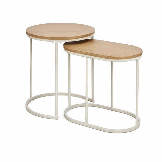 Conjunto de 2 Mesas Encaixáveis Redonda e Oval em MDF Efeito Carvalho Claro e Aço Branco, 60 x 60 x 60 cm e 70 x 40 x 50 cm