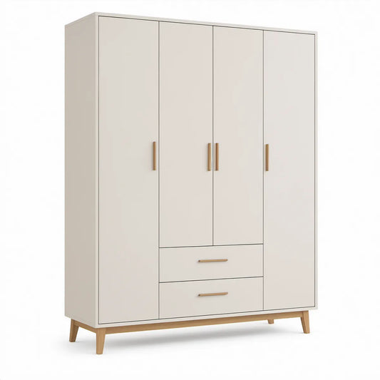 Roupeiro de 4 Portas e 2 Gavetas em MDF Branco e Madeira Natural, 160 x 52 x 200 cm