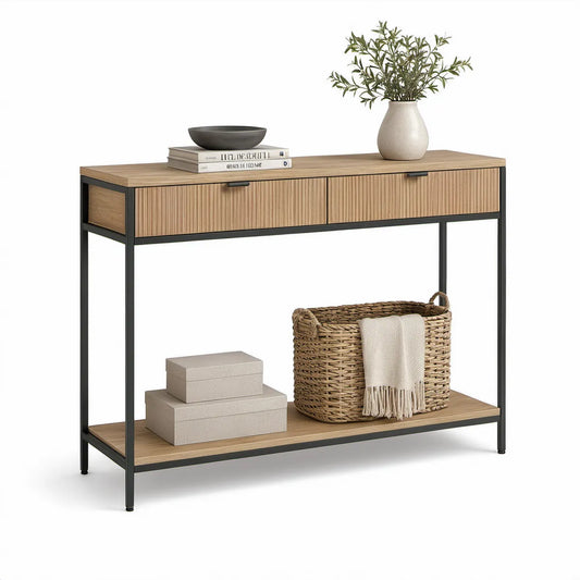 Consola Retangular em MDF Carvalho Natural e Aço Preto com 2 Gavetas, 120 x 35 x 80 cm